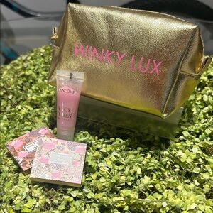 Winky Lux Gold Cosmetic Bag with Pink Lip Gloss and Palette Set